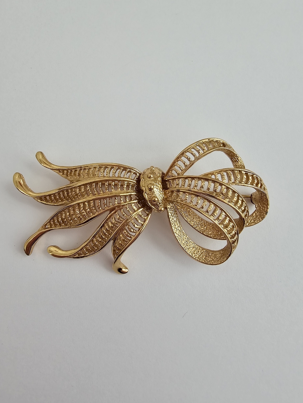 Vintage Monet Signed Gold Tone Open Work Bow Brooch, Lattice Filigree Pin